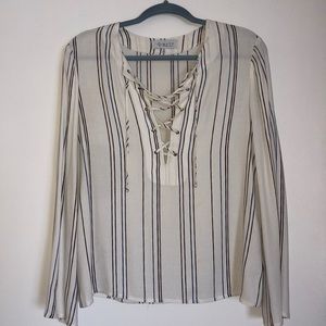 Cream and Striped Long Sleeved Tie Up Blouse